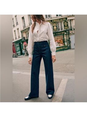 Sézane Dan Trousers Blue Velvet Classic Mid-Waist 34 US2